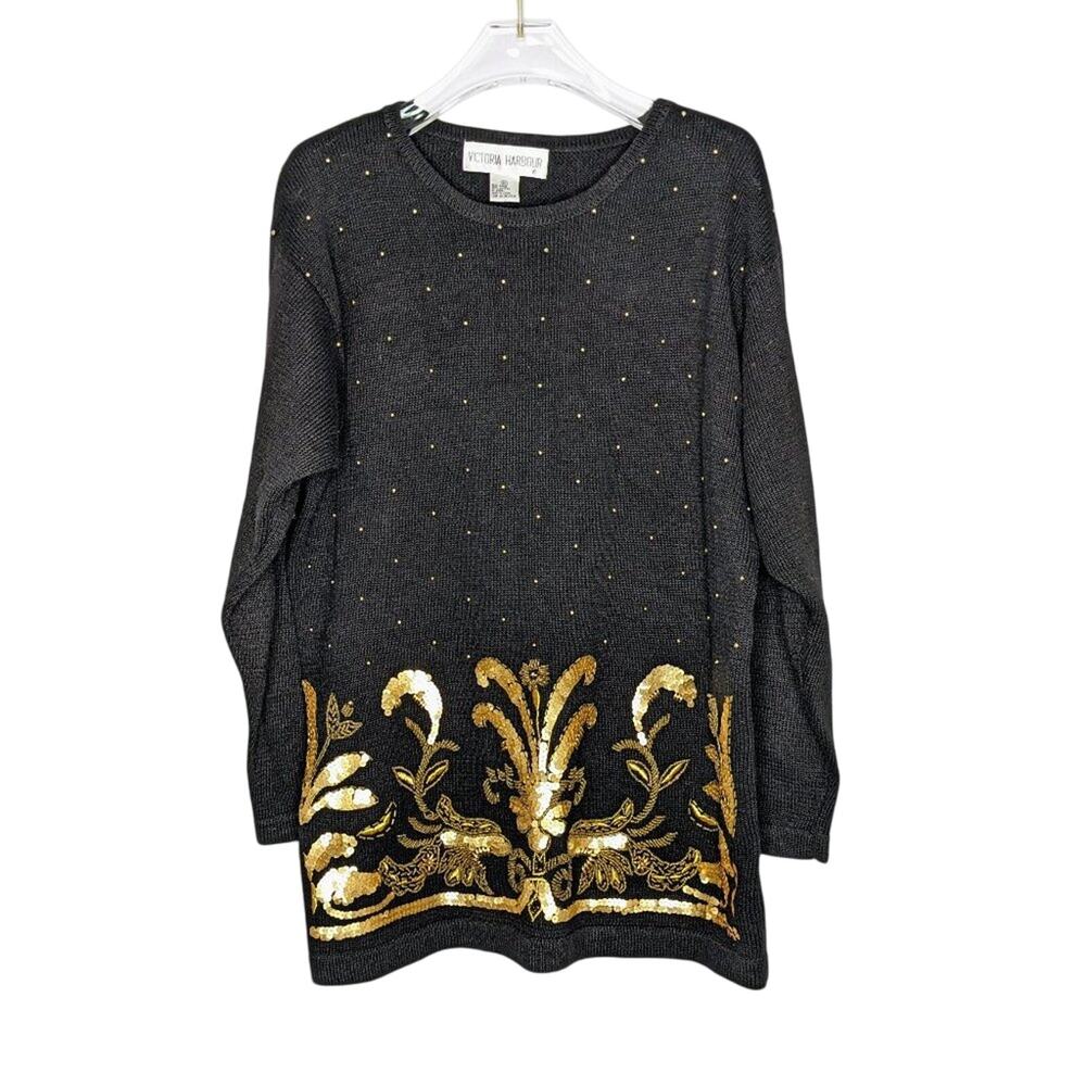 Victoria Harbour Vintage Black Long Sleeve Beaded Sequin Crewneck Sweater Size M